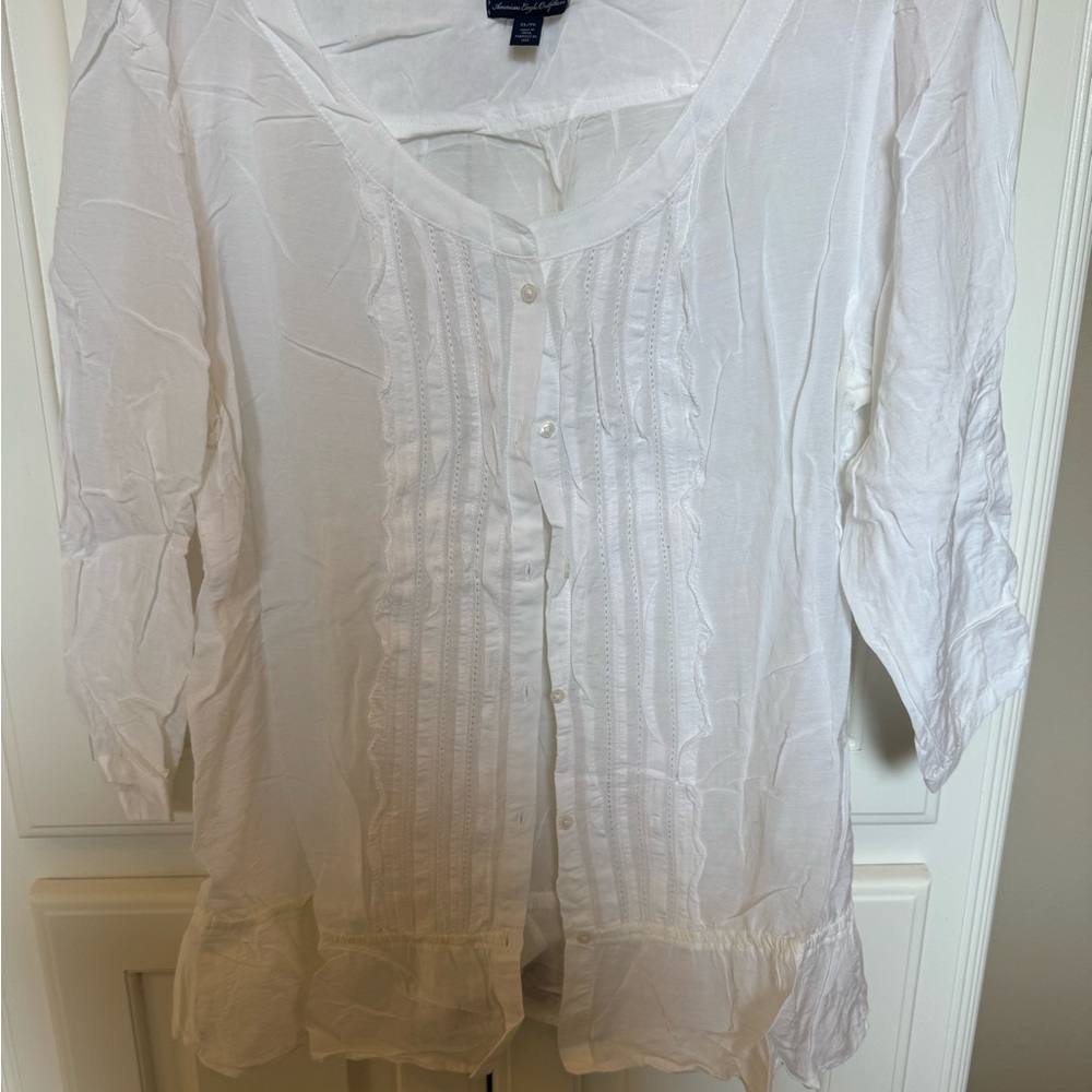 American Eagle Outfitters Cream Pleated Ruffled Blouse